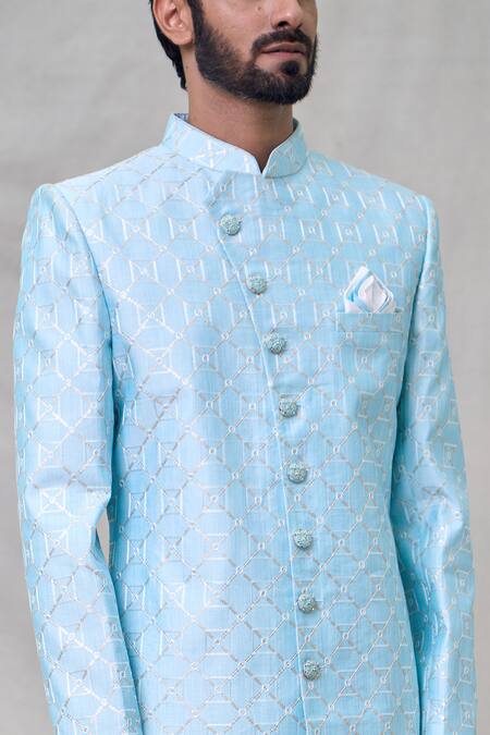 Shop_Arihant Rai Sinha_Blue , Satin Sequins Trellis Embroidered Sherwani With Aligadhi Pant _Online_at_Aza_Fashions