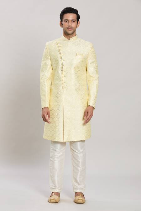 Arihant Rai Sinha_Yellow Georgette, Chiffon, Organza, Silk Sequins, Trellis Sherwani With Pant _Online_at_Aza_Fashions