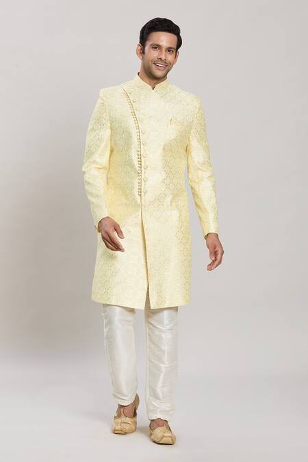 Buy_Arihant Rai Sinha_Yellow Georgette, Chiffon, Organza, Silk Sequins, Trellis Sherwani With Pant _Online_at_Aza_Fashions