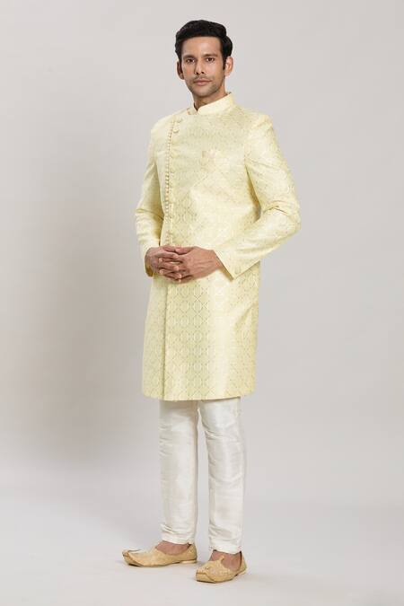 Shop_Arihant Rai Sinha_Yellow Georgette, Chiffon, Organza, Silk Sequins, Trellis Sherwani With Pant _Online_at_Aza_Fashions