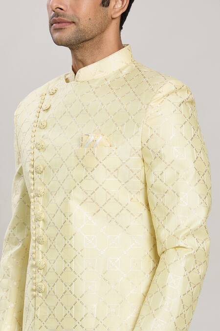 Arihant Rai Sinha_Yellow Georgette, Chiffon, Organza, Silk Sequins, Trellis Sherwani With Pant _at_Aza_Fashions