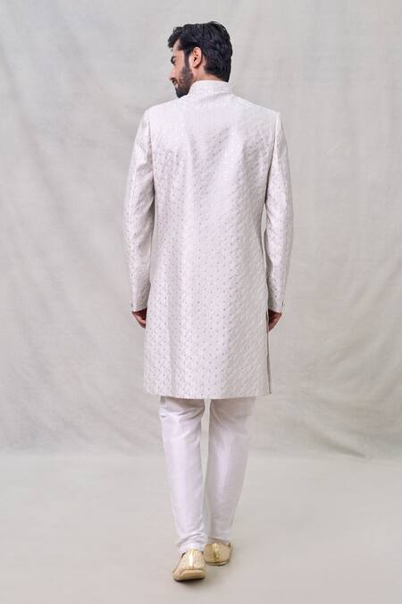 Shop Arihant Rai Sinha Grey Silk, Cotton Sequins Butti Embroidered Sherwani With Aligadhi Pant at Aza Fashions Shop_Arihant Rai Sinha_Grey Silk, Cotton Sequins Butti Embroidered Sherwani With Aligadhi Pant _at_Aza_Fashions