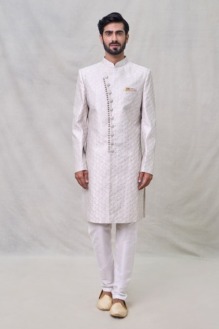 Arihant Rai Sinha Grey Silk, Cotton Sequins Butti Embroidered Sherwani With Aligadhi Pant Online at Aza Fashions Arihant Rai Sinha_Grey Silk, Cotton Sequins Butti Embroidered Sherwani With Aligadhi Pant _Online_at_Aza_Fashions