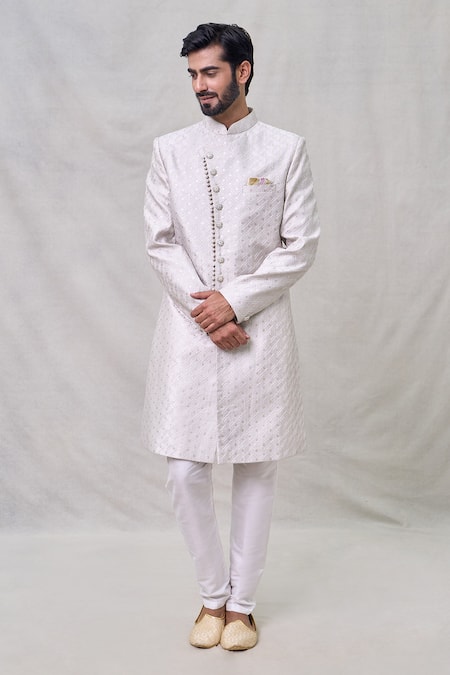 Buy Arihant Rai Sinha Grey Silk, Cotton Sequins Butti Embroidered Sherwani With Aligadhi Pant Online at Aza Fashions Buy_Arihant Rai Sinha_Grey Silk, Cotton Sequins Butti Embroidered Sherwani With Aligadhi Pant _Online_at_Aza_Fashions