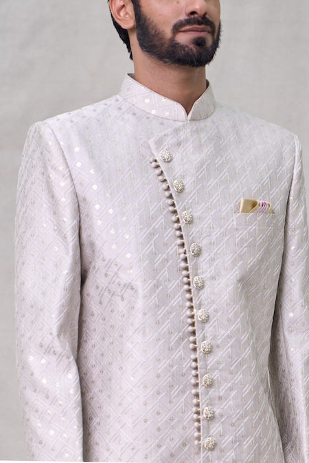 Shop Arihant Rai Sinha Grey Silk, Cotton Sequins Butti Embroidered Sherwani With Aligadhi Pant Online at Aza Fashions Shop_Arihant Rai Sinha_Grey Silk, Cotton Sequins Butti Embroidered Sherwani With Aligadhi Pant _Online_at_Aza_Fashions