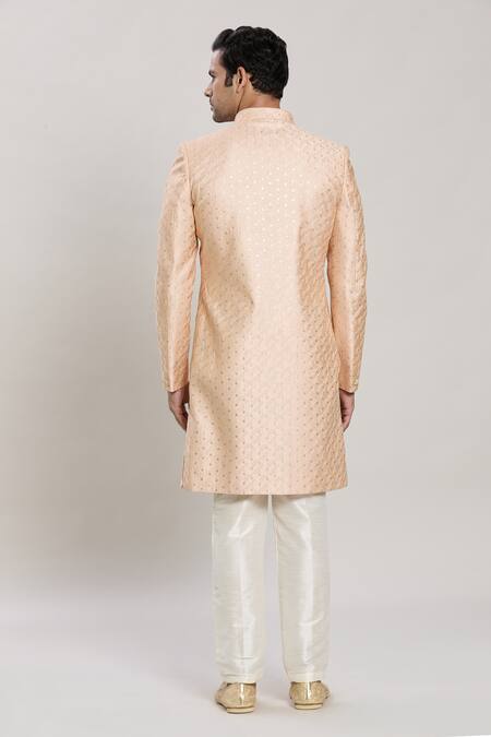 Shop Arihant Rai Sinha Beige Silk Embroidery, Sequins Butti Straight Sherwani With Aligadhi Pant at Aza Fashions Shop_Arihant Rai Sinha_Beige Silk Embroidery, Sequins Butti Straight Sherwani With Aligadhi Pant _at_Aza_Fashions