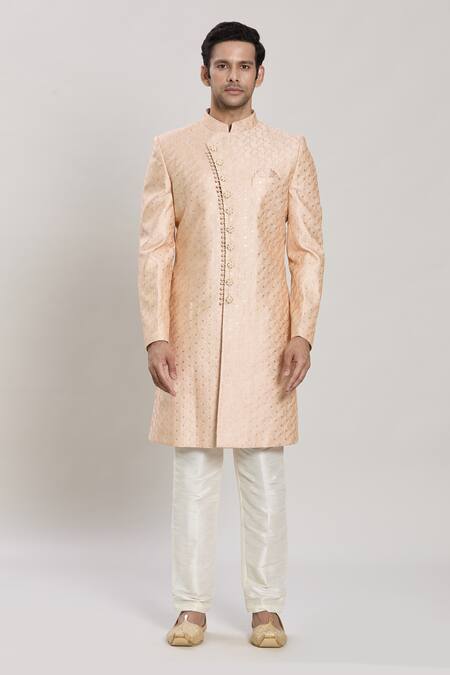 Arihant Rai Sinha Beige Silk Embroidery, Sequins Butti Straight Sherwani With Aligadhi Pant Online at Aza Fashions Arihant Rai Sinha_Beige Silk Embroidery, Sequins Butti Straight Sherwani With Aligadhi Pant _Online_at_Aza_Fashions