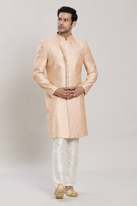 Buy Arihant Rai Sinha Beige Silk Embroidery, Sequins Butti Straight Sherwani With Aligadhi Pant Online at Aza Fashions Buy_Arihant Rai Sinha_Beige Silk Embroidery, Sequins Butti Straight Sherwani With Aligadhi Pant _Online_at_Aza_Fashions