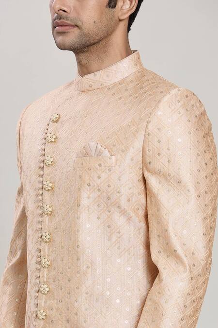 Shop Arihant Rai Sinha Beige Silk Embroidery, Sequins Butti Straight Sherwani With Aligadhi Pant Online at Aza Fashions Shop_Arihant Rai Sinha_Beige Silk Embroidery, Sequins Butti Straight Sherwani With Aligadhi Pant _Online_at_Aza_Fashions