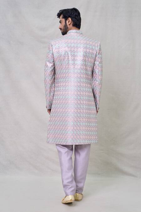 Shop Arihant Rai Sinha Purple Faux Leather, Silk Geometric Layered Sherwani With Aligadhi Pant at Aza Fashions Shop_Arihant Rai Sinha_Purple Faux Leather, Silk Geometric Layered Sherwani With Aligadhi Pant_at_Aza_Fashions