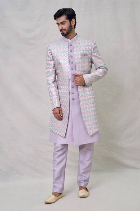 Arihant Rai Sinha Purple Faux Leather, Silk Geometric Layered Sherwani With Aligadhi Pant Online at Aza Fashions Arihant Rai Sinha_Purple Faux Leather, Silk Geometric Layered Sherwani With Aligadhi Pant_Online_at_Aza_Fashions