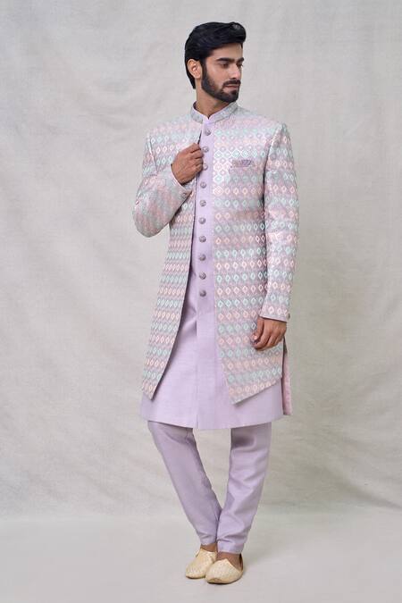 Buy Arihant Rai Sinha Purple Faux Leather, Silk Geometric Layered Sherwani With Aligadhi Pant Online at Aza Fashions Buy_Arihant Rai Sinha_Purple Faux Leather, Silk Geometric Layered Sherwani With Aligadhi Pant_Online_at_Aza_Fashions