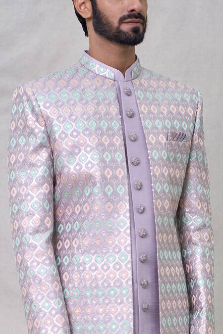 Shop Arihant Rai Sinha Purple Faux Leather, Silk Geometric Layered Sherwani With Aligadhi Pant Online at Aza Fashions Shop_Arihant Rai Sinha_Purple Faux Leather, Silk Geometric Layered Sherwani With Aligadhi Pant_Online_at_Aza_Fashions
