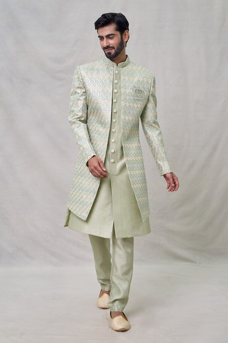Arihant Rai Sinha Green Art Silk Embroidery Geometric Layered Sherwani With Aligadhi Pant