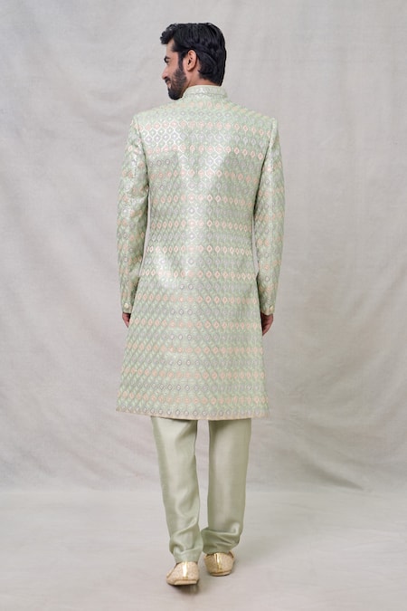 Arihant Rai Sinha_Green Silk, Faux Leather Embroidery Layered Sherwani With Aligadhi Pant _Online_at_Aza_Fashions