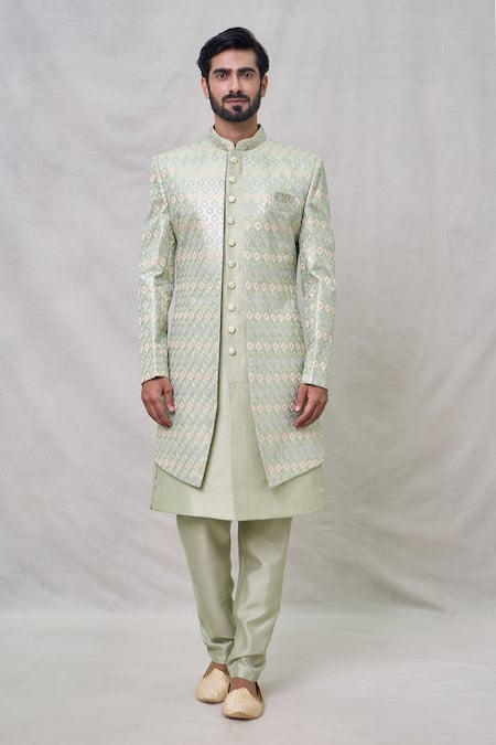 Buy_Arihant Rai Sinha_Green Silk, Faux Leather Embroidery Layered Sherwani With Aligadhi Pant _Online_at_Aza_Fashions