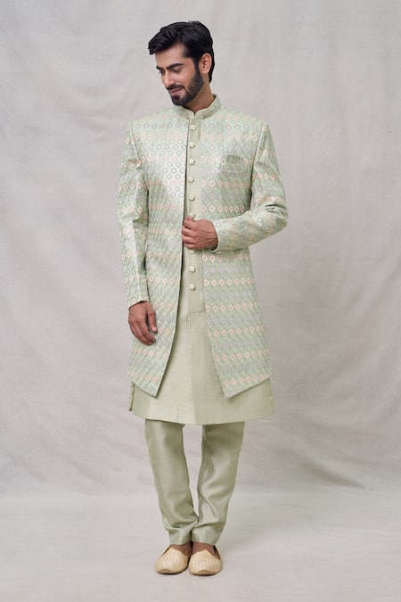 Shop_Arihant Rai Sinha_Green Silk, Faux Leather Embroidery Layered Sherwani With Aligadhi Pant _Online_at_Aza_Fashions