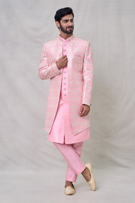 Arihant Rai Sinha Pink Art Silk Embroidery Geometric Layered Straight Sherwani With Aligadhi Pant