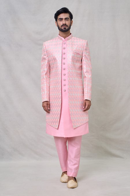 Arihant Rai Sinha_Pink Faux Leather, Silk Embroidery Layered Straight Sherwani With Aligadhi Pant _Online_at_Aza_Fashions