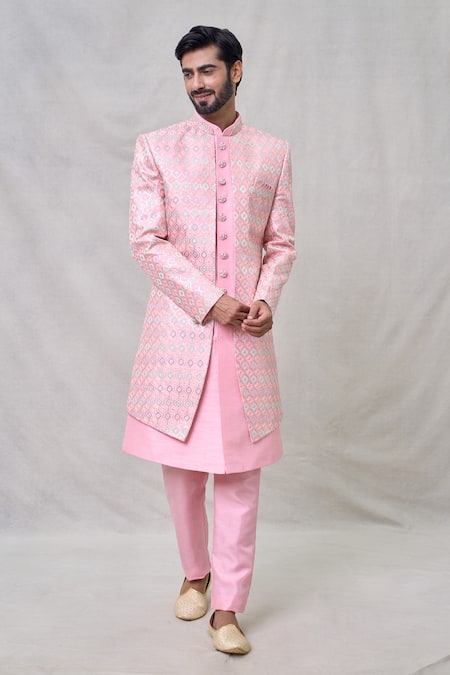 Buy_Arihant Rai Sinha_Pink Faux Leather, Silk Embroidery Layered Straight Sherwani With Aligadhi Pant _Online_at_Aza_Fashions