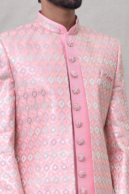 Shop_Arihant Rai Sinha_Pink Faux Leather, Silk Embroidery Layered Straight Sherwani With Aligadhi Pant _Online_at_Aza_Fashions