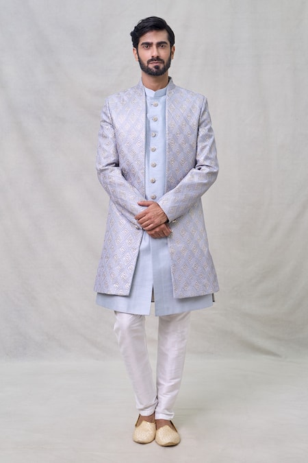 Arihant Rai Sinha Blue Art Silk Embroidery Diamond Sherwani Pant Set