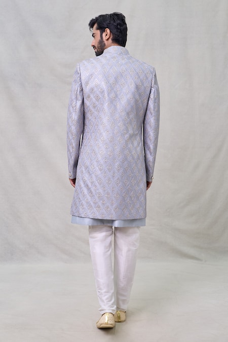 Shop Arihant Rai Sinha Blue Silk, Cotton Sequins Diamond Embroidered Sherwani Pant Set at Aza Fashions Shop_Arihant Rai Sinha_Blue Silk, Cotton Sequins Diamond Embroidered Sherwani Pant Set _at_Aza_Fashions