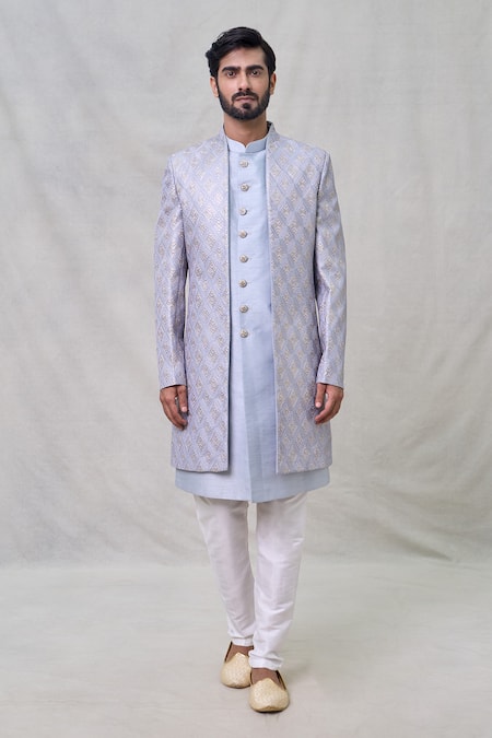 Buy Arihant Rai Sinha Blue Silk, Cotton Sequins Diamond Embroidered Sherwani Pant Set Online at Aza Fashions Buy_Arihant Rai Sinha_Blue Silk, Cotton Sequins Diamond Embroidered Sherwani Pant Set _Online_at_Aza_Fashions