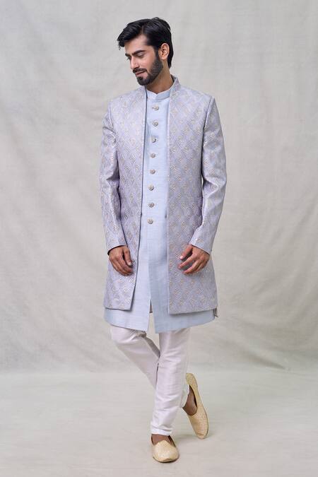 Shop Arihant Rai Sinha Blue Silk, Cotton Sequins Diamond Embroidered Sherwani Pant Set Online at Aza Fashions Shop_Arihant Rai Sinha_Blue Silk, Cotton Sequins Diamond Embroidered Sherwani Pant Set _Online_at_Aza_Fashions