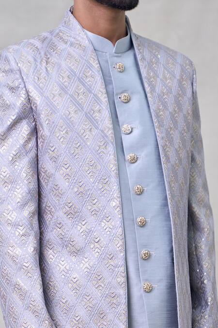 Arihant Rai Sinha Blue Silk, Cotton Sequins Diamond Embroidered Sherwani Pant Set at Aza Fashions Arihant Rai Sinha_Blue Silk, Cotton Sequins Diamond Embroidered Sherwani Pant Set _at_Aza_Fashions
