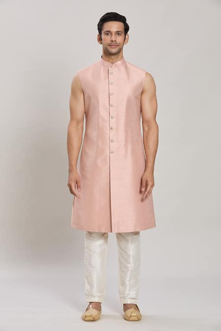 Arihant Rai Sinha Peach Faux Leather, Silk Satin Diamond Embroidered Straight Sherwani Pant Set Online at Aza Fashions Arihant Rai Sinha_Peach Faux Leather, Silk Satin Diamond Embroidered Straight Sherwani Pant Set _Online_at_Aza_Fashions