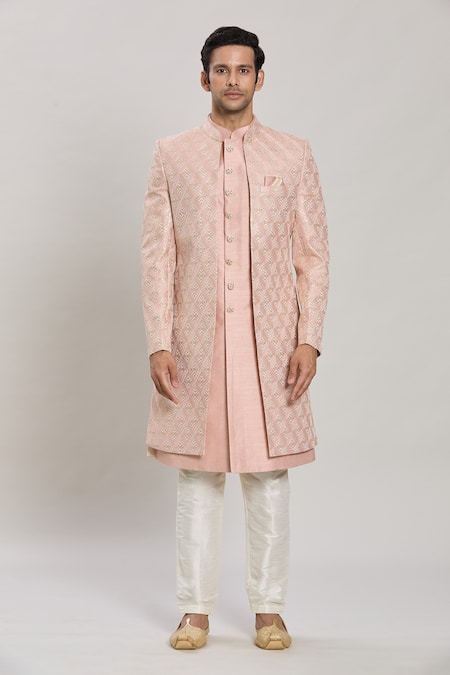 Buy Arihant Rai Sinha Peach Faux Leather, Silk Satin Diamond Embroidered Straight Sherwani Pant Set Online at Aza Fashions Buy_Arihant Rai Sinha_Peach Faux Leather, Silk Satin Diamond Embroidered Straight Sherwani Pant Set _Online_at_Aza_Fashions
