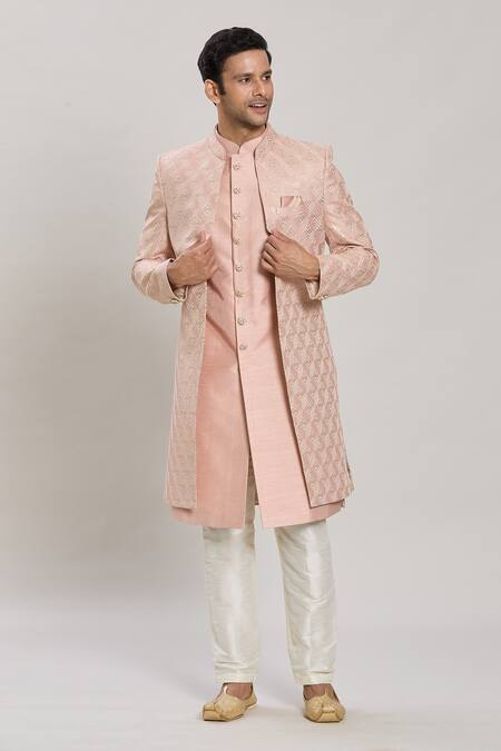 Shop Arihant Rai Sinha Peach Faux Leather, Silk Satin Diamond Embroidered Straight Sherwani Pant Set Online at Aza Fashions Shop_Arihant Rai Sinha_Peach Faux Leather, Silk Satin Diamond Embroidered Straight Sherwani Pant Set _Online_at_Aza_Fashions