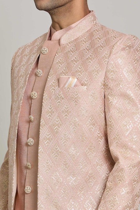 Arihant Rai Sinha Peach Faux Leather, Silk Satin Diamond Embroidered Straight Sherwani Pant Set at Aza Fashions Arihant Rai Sinha_Peach Faux Leather, Silk Satin Diamond Embroidered Straight Sherwani Pant Set _at_Aza_Fashions