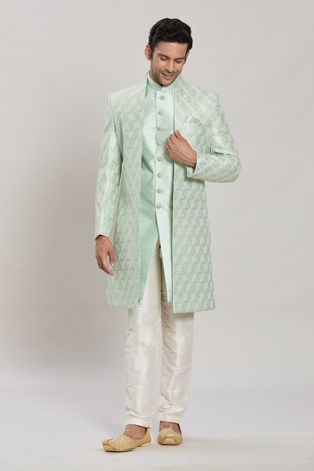 Arihant Rai Sinha Green Art Silk Embroidery Diamond Trellis Sherwani Pant Set