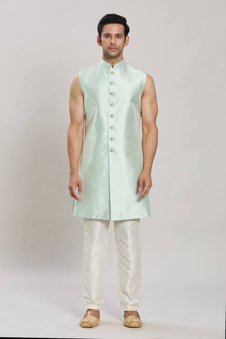 Arihant Rai Sinha_Green Faux Leather, Silk Embroidery, Sequins Diamond Trellis Sherwani Pant Set _Online_at_Aza_Fashions