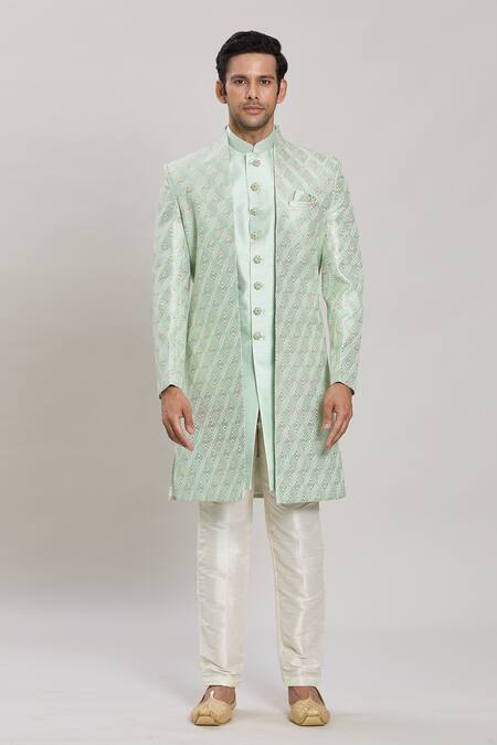Buy_Arihant Rai Sinha_Green Faux Leather, Silk Embroidery, Sequins Diamond Trellis Sherwani Pant Set _Online_at_Aza_Fashions