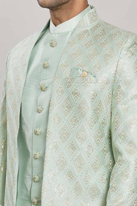 Arihant Rai Sinha_Green Faux Leather, Silk Embroidery, Sequins Diamond Trellis Sherwani Pant Set _at_Aza_Fashions