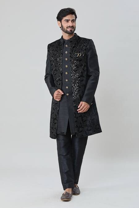 Arihant Rai Sinha_Black Velvet, Silk Sequins Leaf Vine Embroidered Jacket Aligadhi Pant Set _Online_at_Aza_Fashions