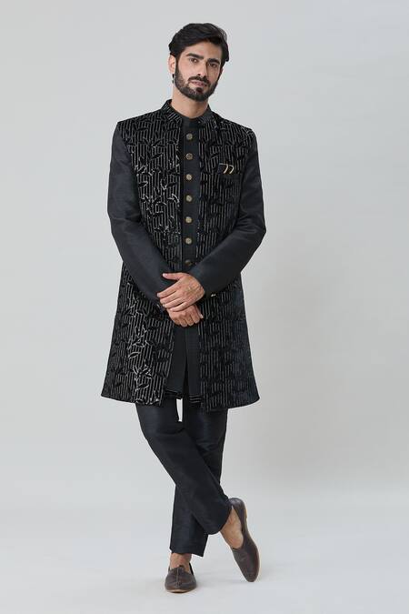 Buy_Arihant Rai Sinha_Black Velvet, Silk Sequins Leaf Vine Embroidered Jacket Aligadhi Pant Set _Online_at_Aza_Fashions