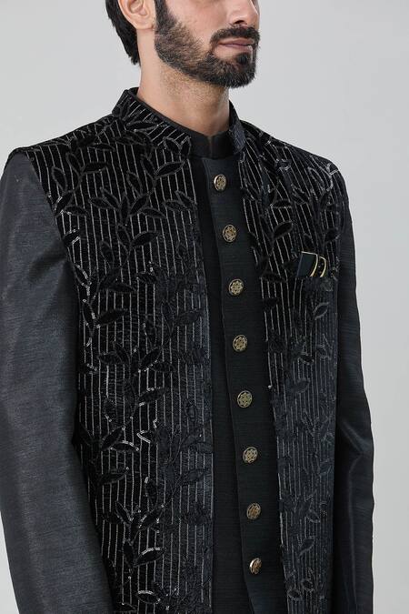 Shop_Arihant Rai Sinha_Black Velvet, Silk Sequins Leaf Vine Embroidered Jacket Aligadhi Pant Set _Online_at_Aza_Fashions