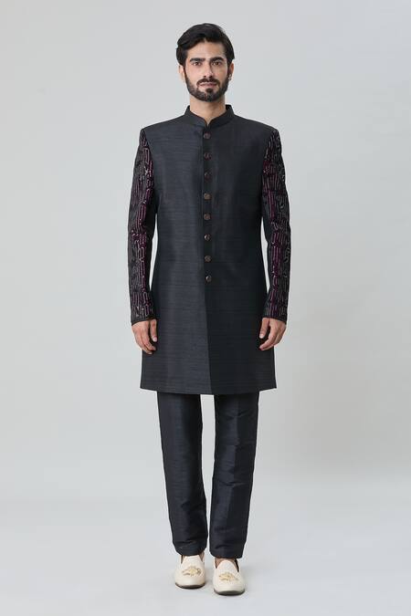 Buy_Arihant Rai Sinha_Wine Velvet, Silk Sequins, Embroidery Leaf Jacket Aligadhi Pant Set _Online_at_Aza_Fashions