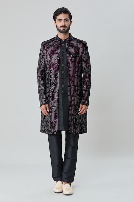 Shop_Arihant Rai Sinha_Wine Velvet, Silk Sequins, Embroidery Leaf Jacket Aligadhi Pant Set _Online_at_Aza_Fashions