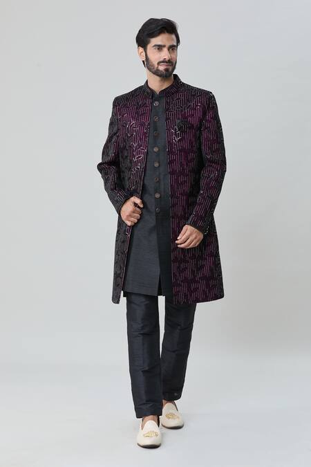 Arihant Rai Sinha_Wine Velvet, Silk Sequins, Embroidery Leaf Jacket Aligadhi Pant Set _at_Aza_Fashions