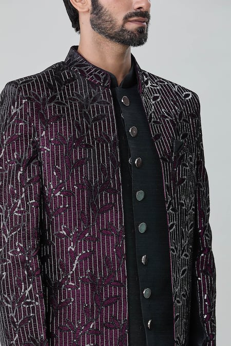 Buy_Arihant Rai Sinha_Wine Velvet, Silk Sequins, Embroidery Leaf Jacket Aligadhi Pant Set 