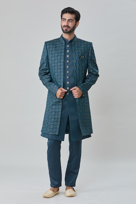 Arihant Rai Sinha Green Art Silk Embroidery Geometric Butti Sherwani Jacket Pant Set