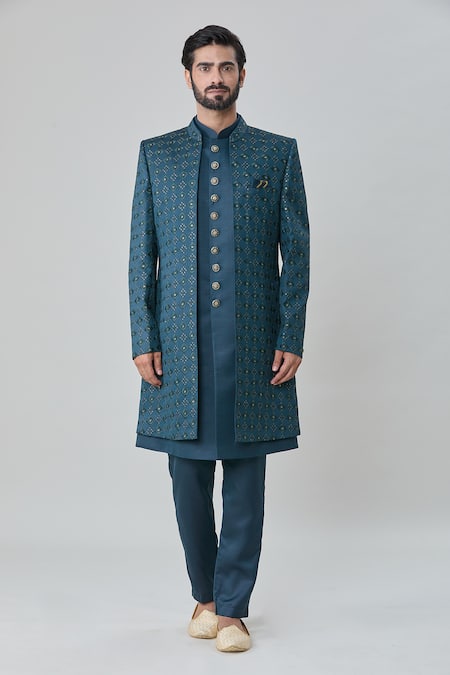 Shop_Arihant Rai Sinha_Green Silk Embroidery Geometric Butti Sherwani Jacket Pant Set _Online_at_Aza_Fashions