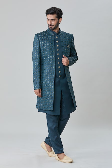 Arihant Rai Sinha_Green Silk Embroidery Geometric Butti Sherwani Jacket Pant Set _at_Aza_Fashions
