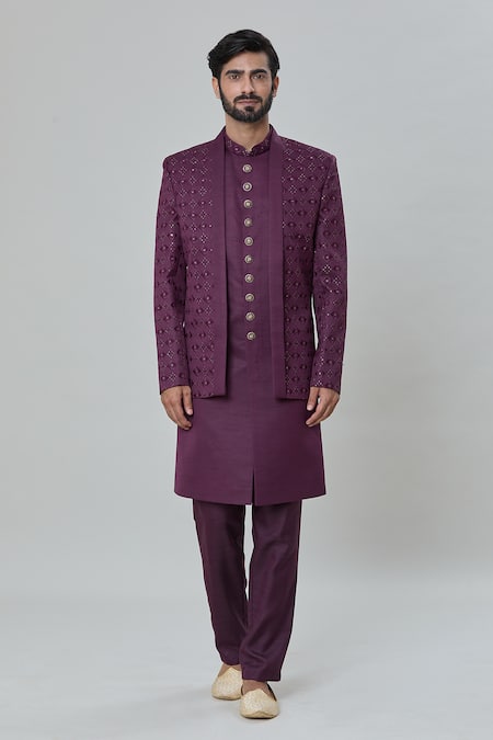 Buy_Arihant Rai Sinha_Wine Satin, Silk Embroidery Geometric Butti Short Sherwani Jacket Pant Set _Online_at_Aza_Fashions