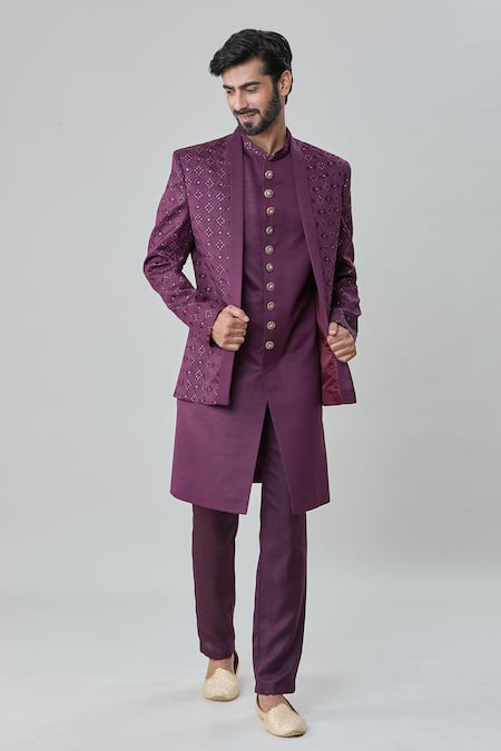 Shop_Arihant Rai Sinha_Wine Satin, Silk Embroidery Geometric Butti Short Sherwani Jacket Pant Set _Online_at_Aza_Fashions
